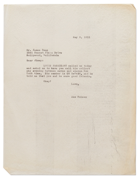 Letter from Jane Deacy's Office to James Dean from 1955