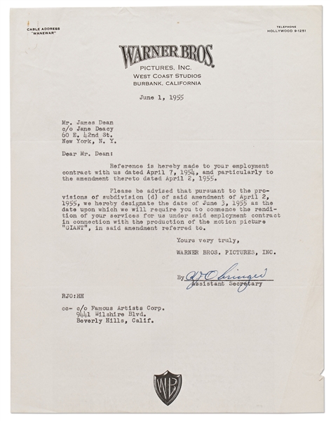 Letter from Warner Brothers to James Dean Regarding ''GIANT''