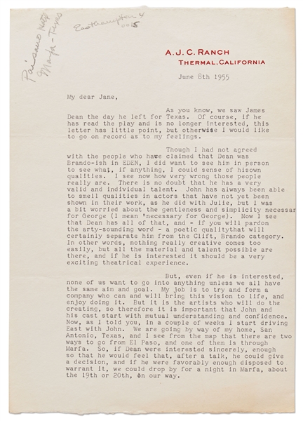 Lengthy Letter by Broadway Producer Walter Starcke Regarding James Dean -- ''...Dean has all of that, and...a poetic quality that will certainly separate him from the Clift, Brando category...''