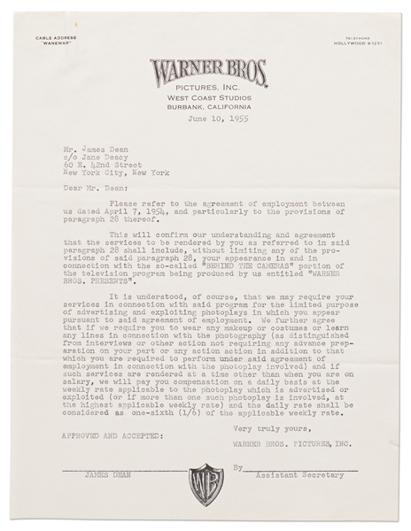 Letters from Warner Bros. and Famous Artists Regarding James Dean Doing Promotional Work for ''GIANT'' and His Other ''Photoplays''