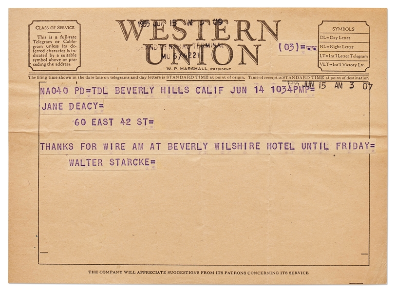 Telegram from Broadway Producer Walter Starcke to Jane Deacy