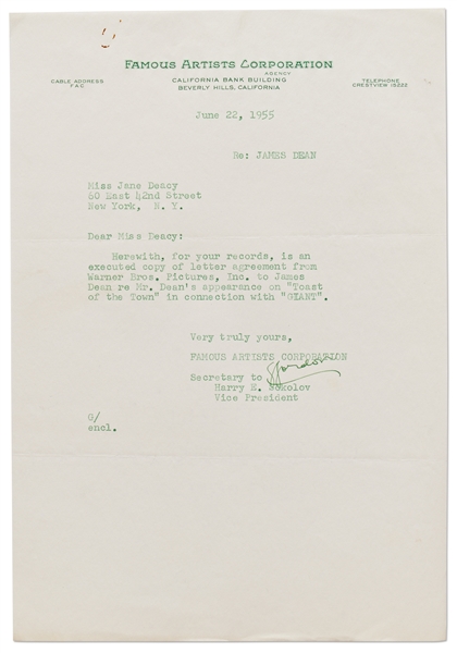 Letter to Jane Deacy Regarding James Dean Doing Promotional Appearances for ''Giant''