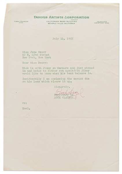Letter from Famous Artists to Jane Deacy -- ''...Jimmy would like to know what his bank balance is...''