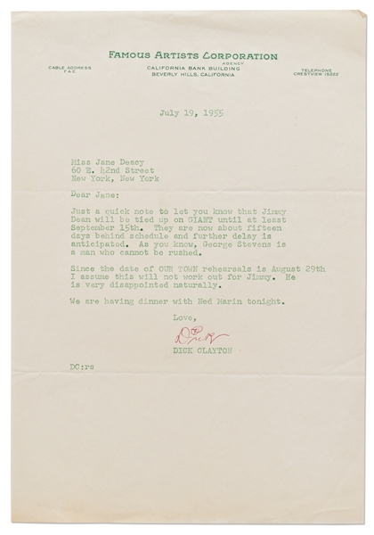 Letter from Dick Clayton to Jane Deacy Regarding Shooting Delays for ''GIANT'' -- ''...Jimmy Dean will be tied up on GIANT until at least September 15. They are now about fifteen days behind...''