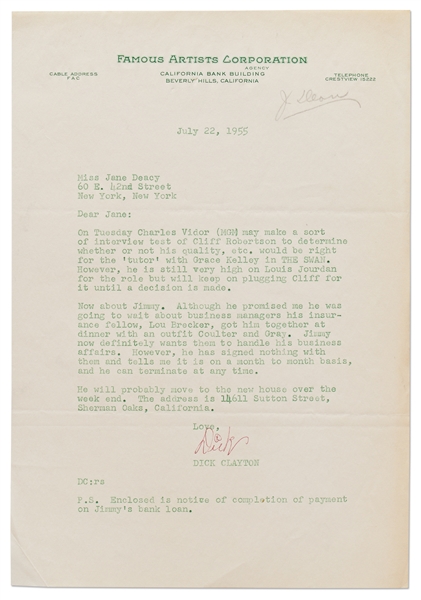 Letter from Dick Clayton to Jane Deacy -- ''...Now about Jimmy...He will probably move to the new house over the week end...''