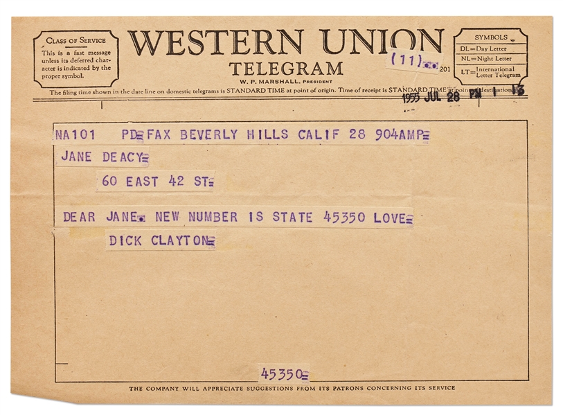 Telegram to Jane Deacy with James Dean's New Phone Number