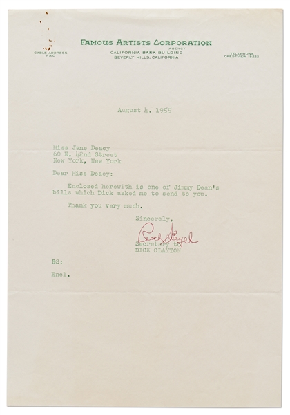 Letter to Jane Deacy from Dick Clayton's Office Regarding James Dean