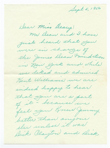 Letter from James Dean's Stepmother After His Death