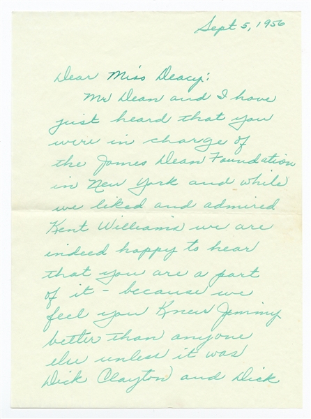 Letter from James Dean's Stepmother After His Death