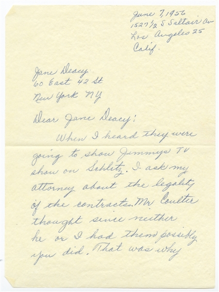 Letter from James Dean's Father and Stepmother After Dean's Death