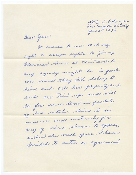 Letter from James Dean's Father After Dean's Death -- ''...all his property and such are tied up and will be for some tie in probate of his estate...''