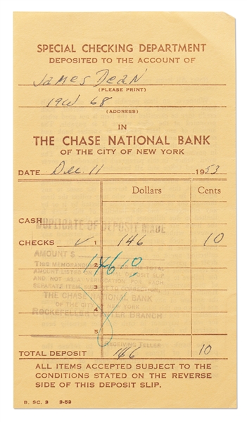 James Dean's Chase Bank Deposit Receipt