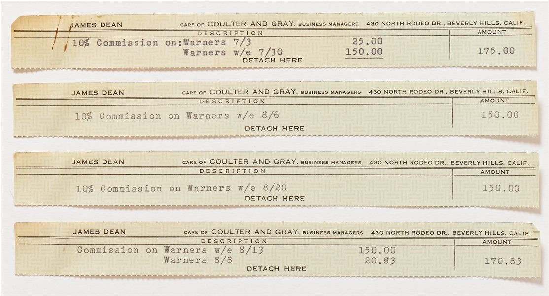 Set of Four Paystubs to Jane Deacy for Collecting 10% on James Dean's Salary from Warner Bros.