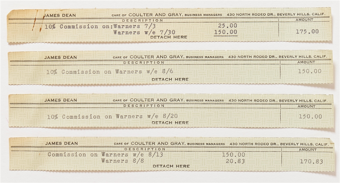 Set of Four Paystubs to Jane Deacy for Collecting 10% on James Dean's Salary from Warner Bros.