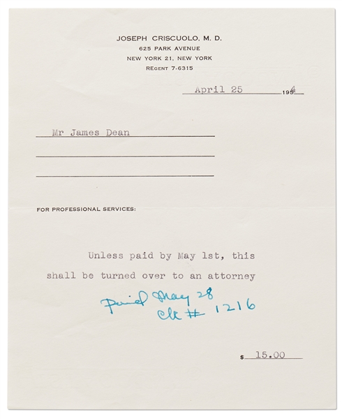 Doctor's Bill for James Dean