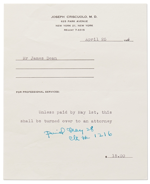Doctor's Bill for James Dean