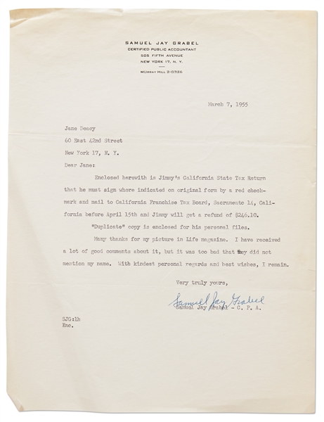 Letter from James Dean's Accountant Regarding Filing his California Taxes