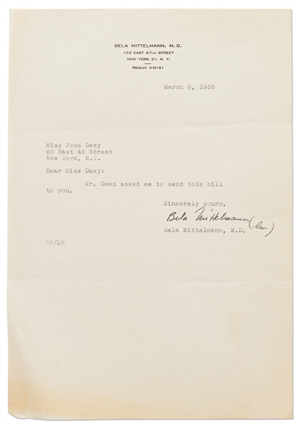 Letter from James Dean's Psychoanalyst to Jane Deacy