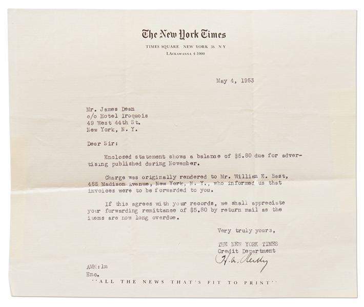 Invoice from the ''New York Times'' to James Dean for Advertising -- With Mention of William Bast