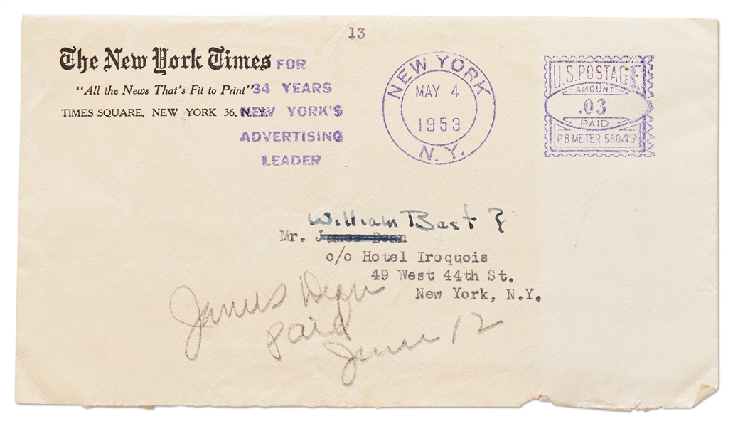 Invoice from the ''New York Times'' to James Dean for Advertising -- With Mention of William Bast