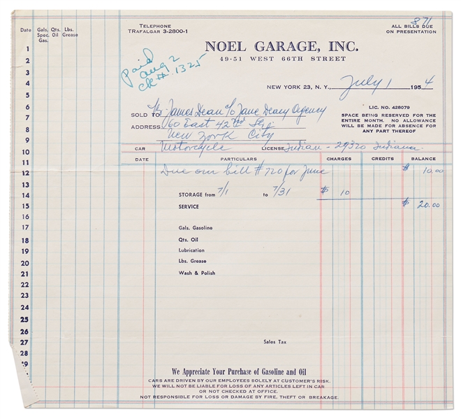 Invoice from 1954 to Keep James Dean's Motorcycle