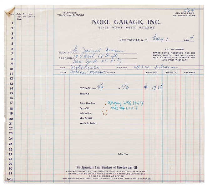 Invoice from 1954 to Keep James Dean's Motorcycle