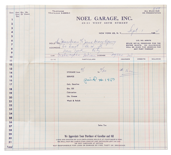 Invoice from 1954 to Keep James Dean's Motorcycle