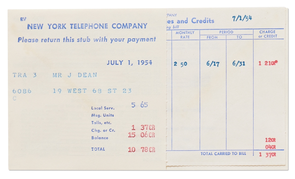 Bill to James Dean from New York Telephone