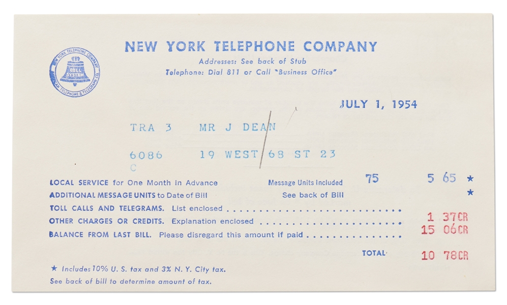 Bill to James Dean from New York Telephone