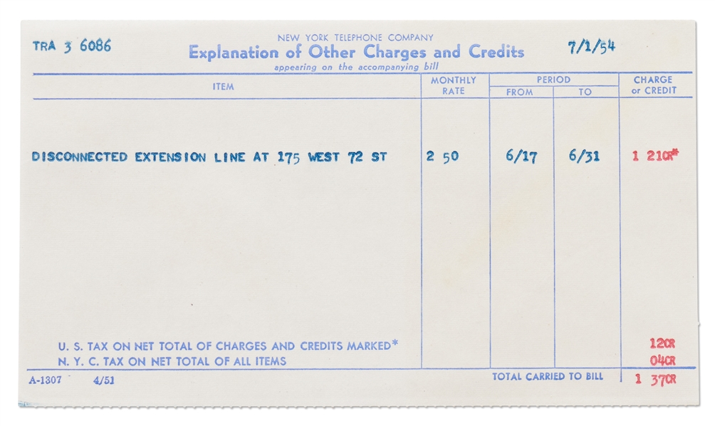 Bill to James Dean from New York Telephone