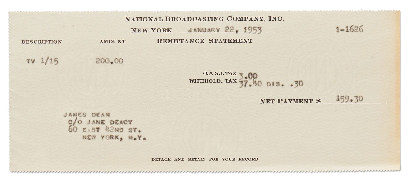 NBC Paystub from January 1953 to James Dean for His Performance in the TV Episode ''The Hound of Heaven''