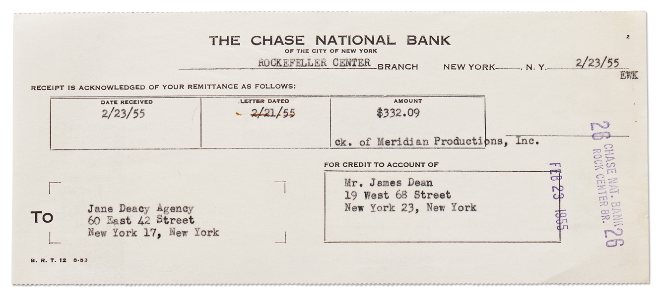 James Dean's Chase Bank Deposit Receipt