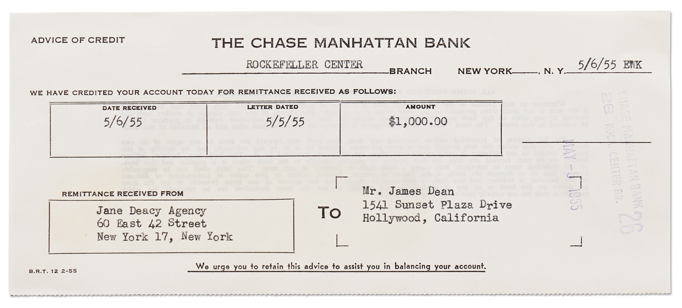 James Dean's Chase Bank Deposit Receipt