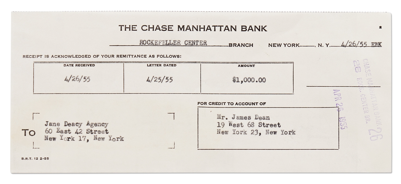 James Dean's Chase Bank Deposit Receipt