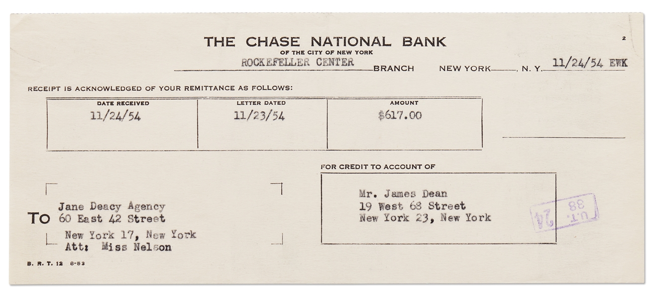 James Dean's Chase Bank Deposit Receipt