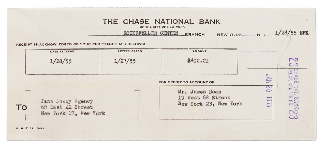 James Dean's Chase Bank Deposit Receipt