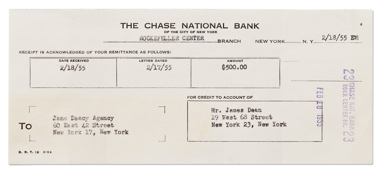 James Dean's Chase Bank Deposit Receipt