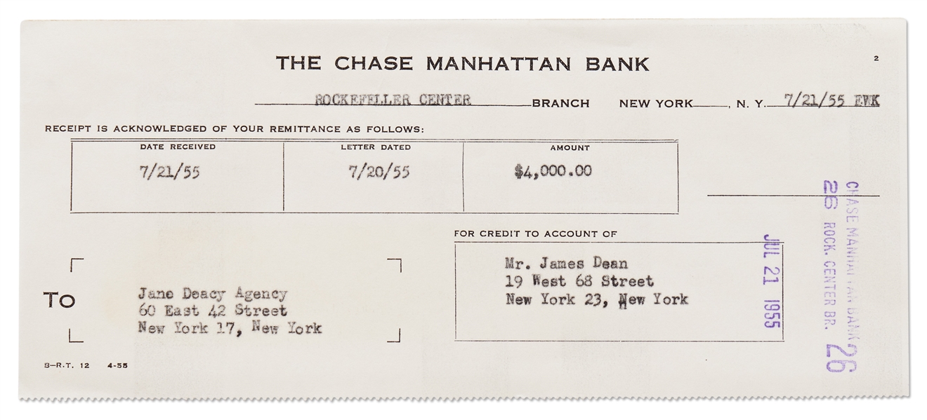 James Dean's Chase Bank Deposit Receipt