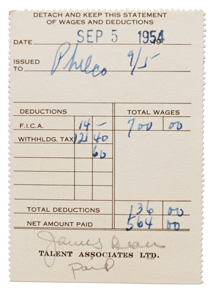 James Dean's Tax Receipt for a TV Performance in 1954