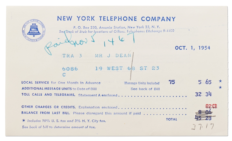 Bill to James Dean from New York Telephone