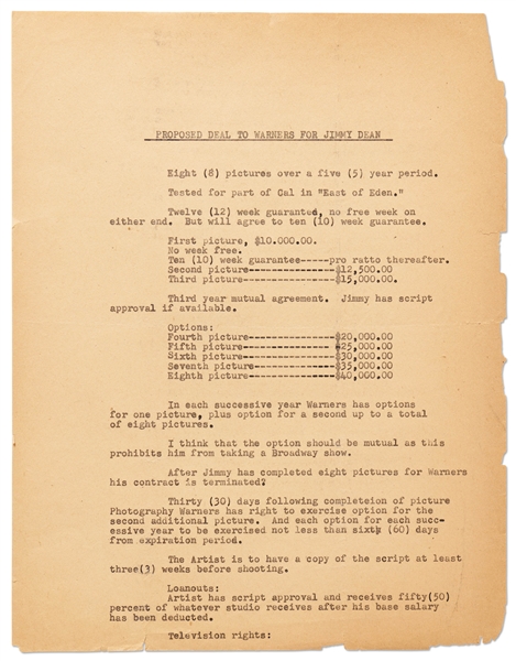 Jane Deacy's Typed Notes on the ''PROPOSED DEAL TO WARNERS FOR JIMMY DEAN'' -- With Details, Concerns & Questions Regarding Dean's Multi-Picture Contract with Warners