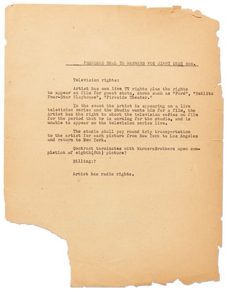 Jane Deacy's Typed Notes on the ''PROPOSED DEAL TO WARNERS FOR JIMMY DEAN'' -- With Details, Concerns & Questions Regarding Dean's Multi-Picture Contract with Warners