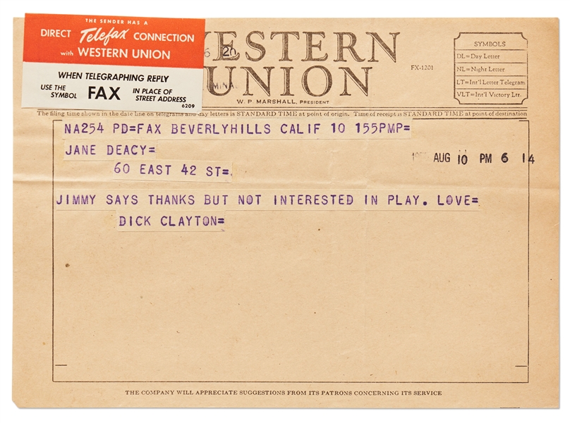 Telegram from August 1955 to Jane Deacy -- ''Jimmy says thanks but not interested in play.''