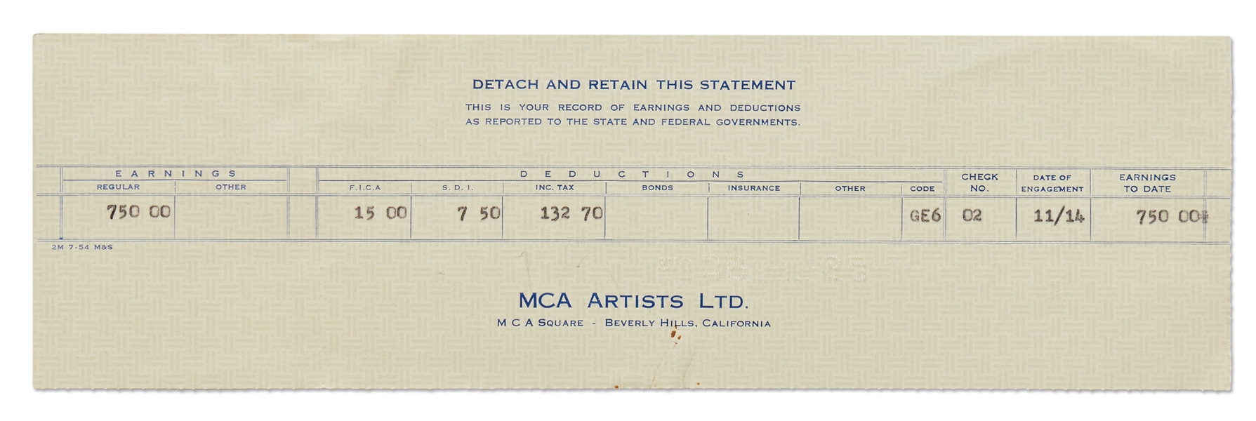 James Dean's Paystubs for Two Television Appearances in 1953 and 1954