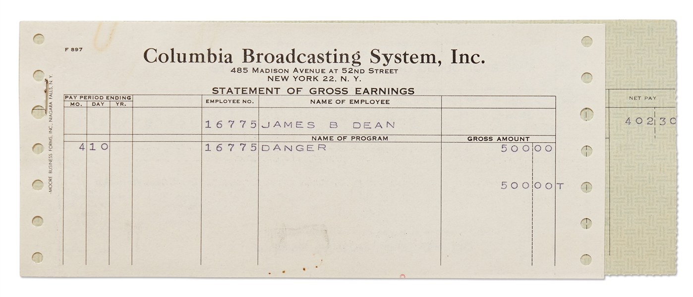 James Dean's Paycheck Stub from CBS for Filming ''Danger'' in 1954
