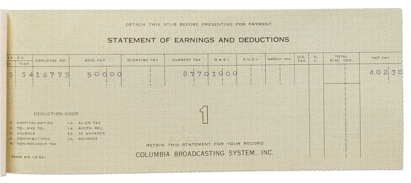 James Dean's Paycheck Stub from CBS for Filming ''Danger'' in 1954