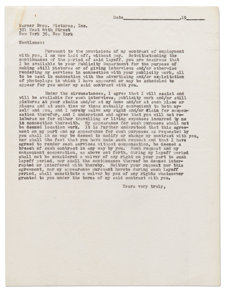 Draft Letter from James Dean to Warner Bros. Regarding Terms of Him Promoting His Films