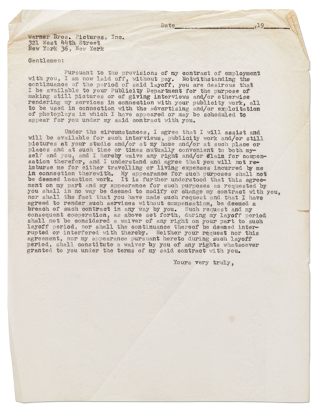 Draft Letter from James Dean to Warner Bros. Regarding Terms of Him Promoting His Films