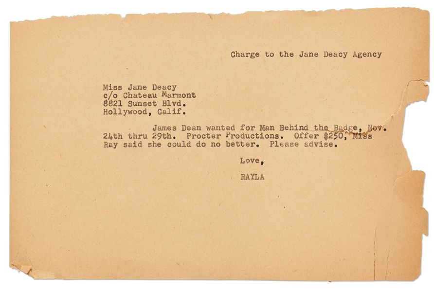 Letter to Jane Deacy Regarding a TV Offer for James Dean