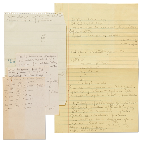 Jane Deacy's Handwritten Notes on the James Dean's Multi-Film Contract with Warner Bros. -- Includes Notes about ''East of Eden'', Script Approval, Etc. & Questions About the Deal